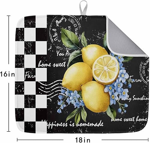 Miniatura 7 de Tapete de secado de platos de limón tropical de verano para encimera de cocina, búfalo a cuadros de microfibra absorbente de color negro y blanco,