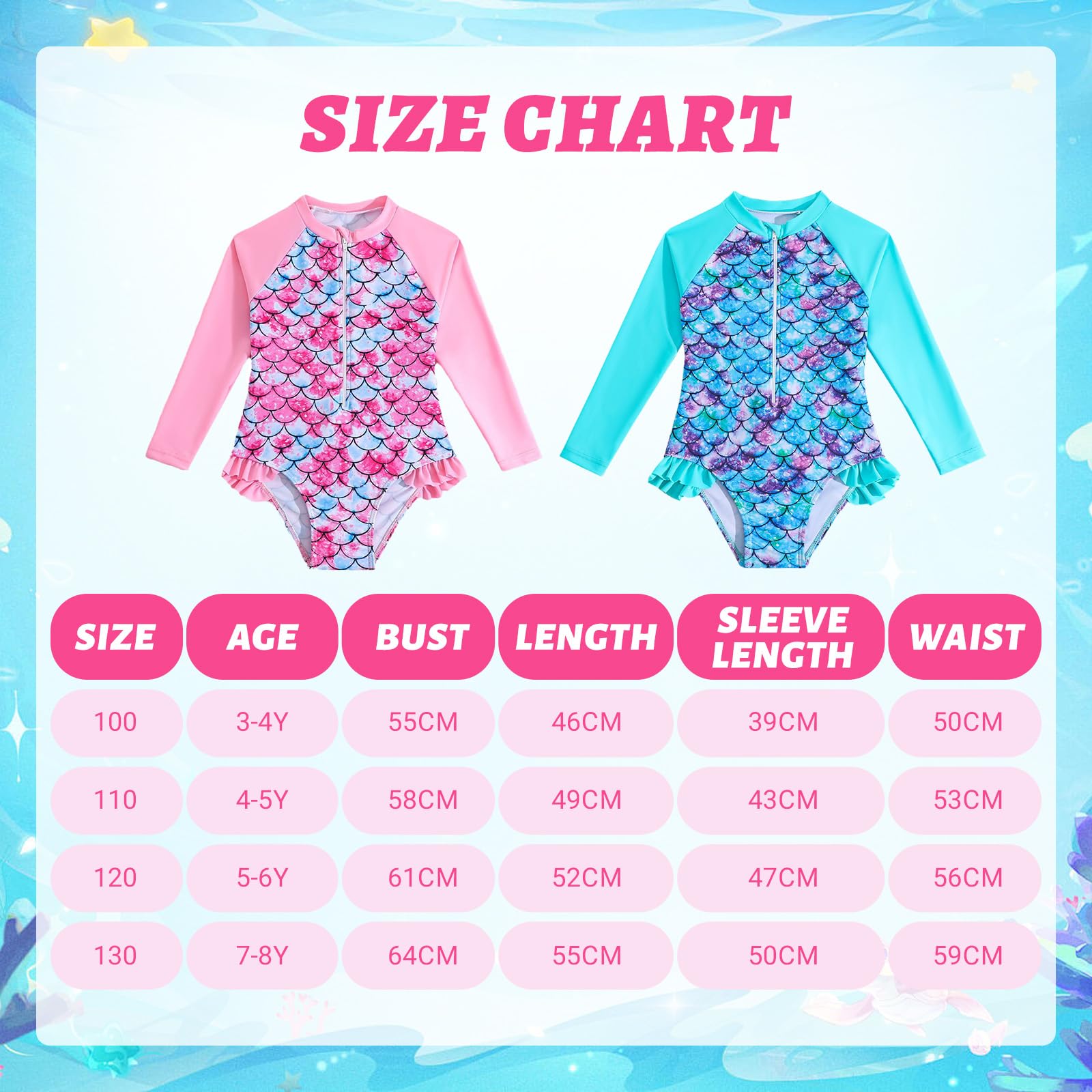 WYTbaby Maillot de bain une pièce sirène à manches longues pour fille de 3 à 8 ans