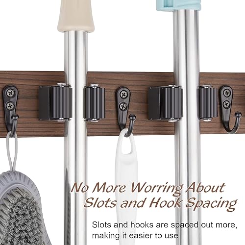 Miniatura 5 de Juego de 2 soportes para escobas y fregonas de montaje en pared - Perchero de madera para escobas y fregonas - Organizador de herramientas de jardín