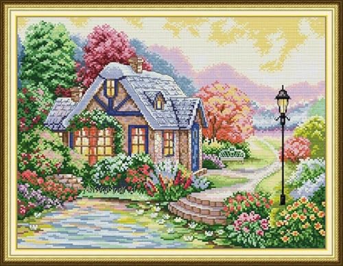 14 Ct Cross Stitch Kits For Beginners Starter Cottage House Printed Stamped Cross-Stitch Supplies Needlework Printed Embroidery Kits Diy Kits Needlepoint Starter Kits 44×34Cm #TOP14