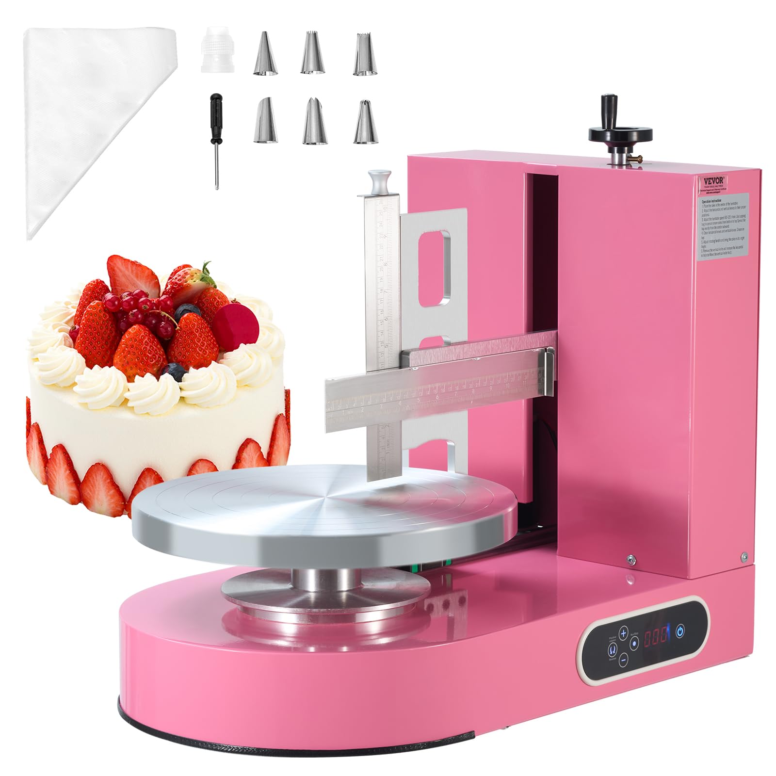 VEVOR Machine à Glacer les Gâteaux 6-14 pouces, Machine à Lisser Crème à Faible Bruit, Plateau Tournant avec Grattoir Réglable, Vitesse de Rotation de 25 à 320 tr/min, Lisseur pour Pâtisserie, Rose