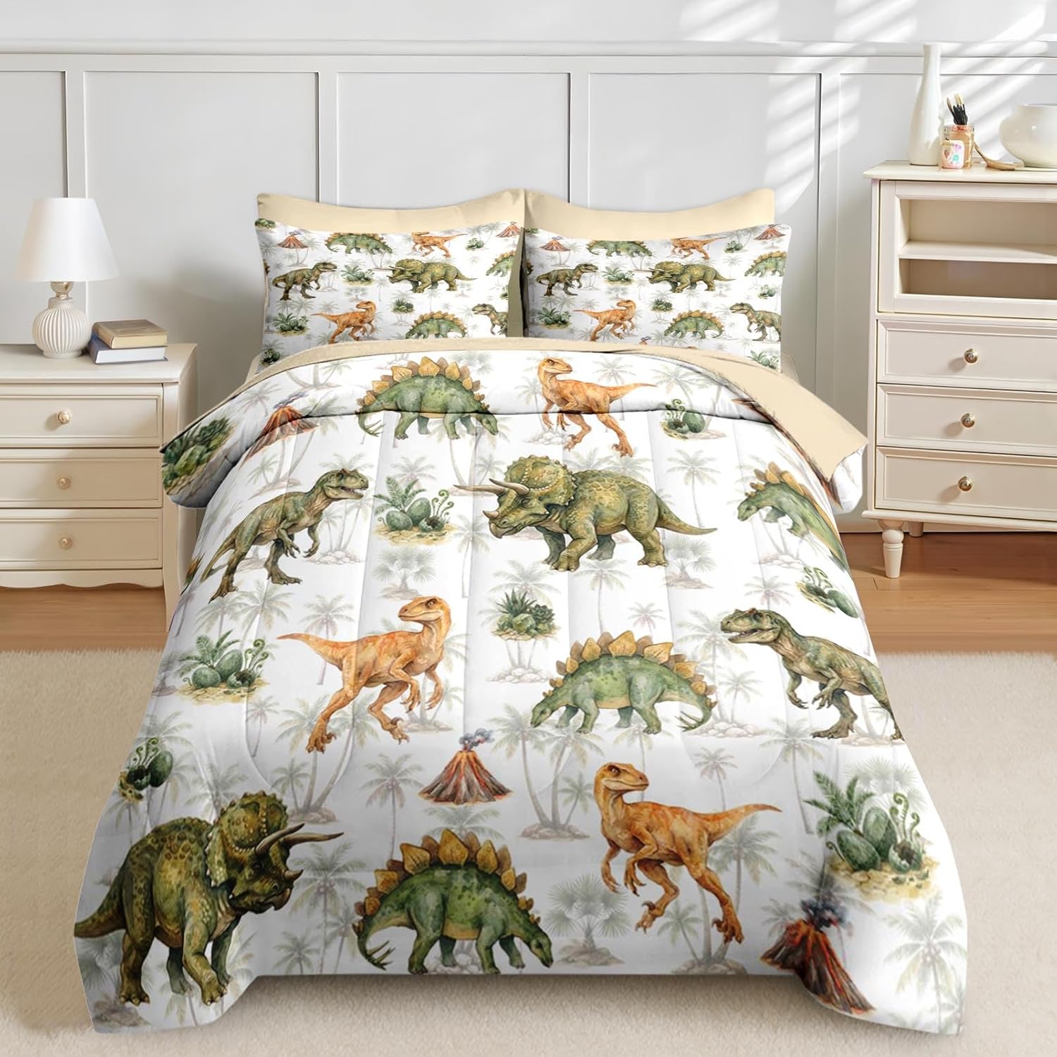 Nesker Comforter Set Twin Size,Dinosaur Palm Tree5 Pcs Bedding for Kids and Adults,Green Dino Palm Leaf Bed Sheet Sets with Fitted Sheet Pillowcase & Sham - Image 7