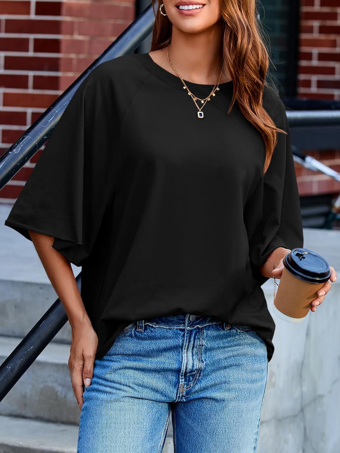 Tankaneo Womens Oversized Half Sleeve T-Shirts Trendy Casual Loose Fit Tops Summer Crew Neck Baggy Shirts - Image 3