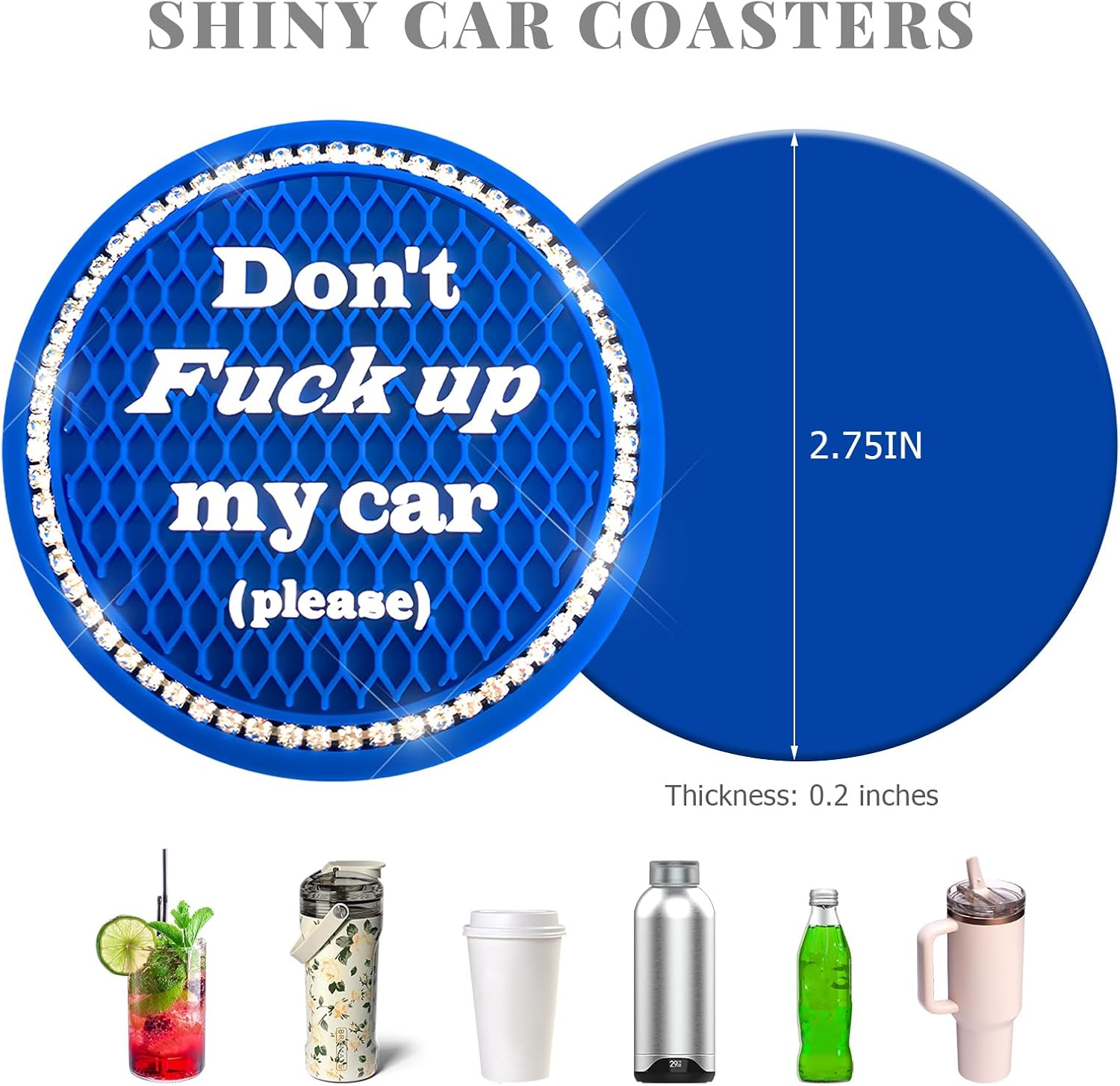 2 PCS Bling Car Cup Coaster, 2.75 Inch Anti-Slip Auto Drink Mat Crystal Rhinestone Interior Decoration, Shockproof Embedded Cup Holder Insert Coaster for Most Vehicles (Dark Blue) image 2