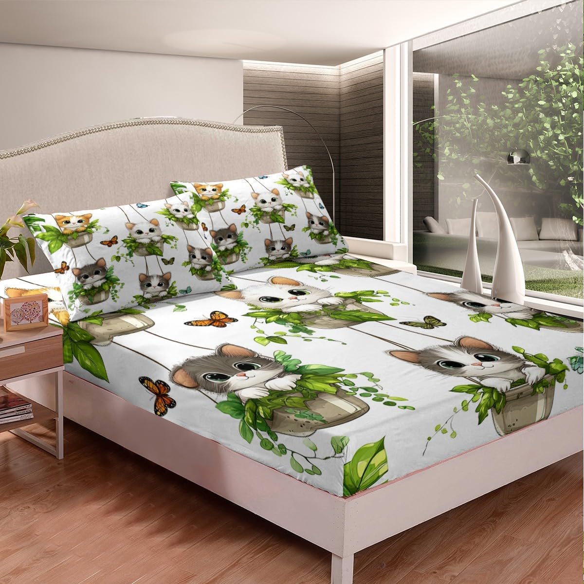 Erosebridal Funny Botanical Fitted Sheet Full Size,Green Potted Plant Bed Sheets,Spring Garden Floral Bedding Set,Retro Aesthetics Sheets Soft Breathable Bedroom Decor