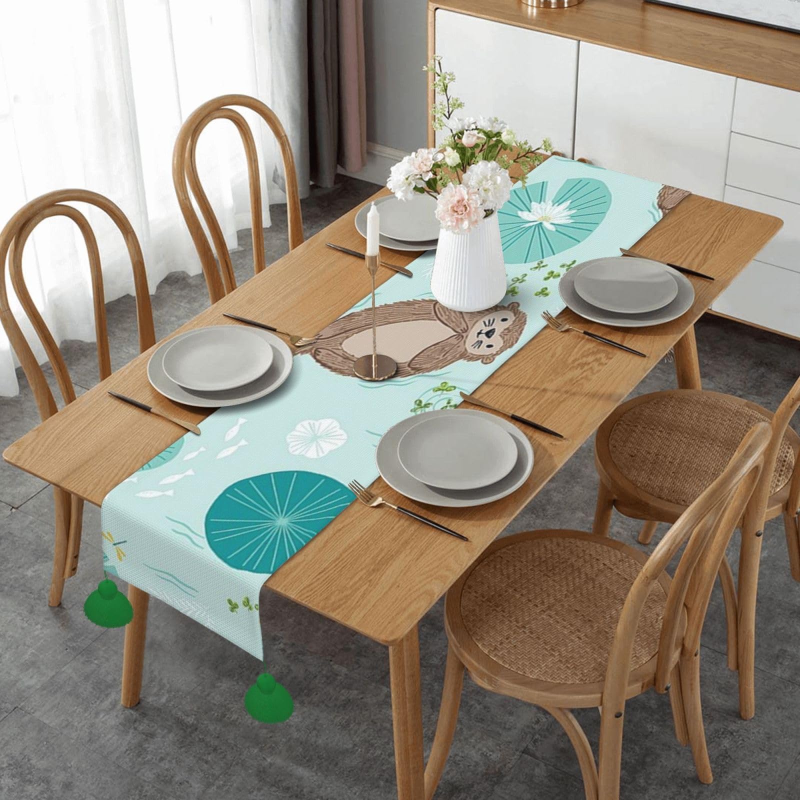 Chemin de table en lin loutres pour repas de mariage et fete d'automne
