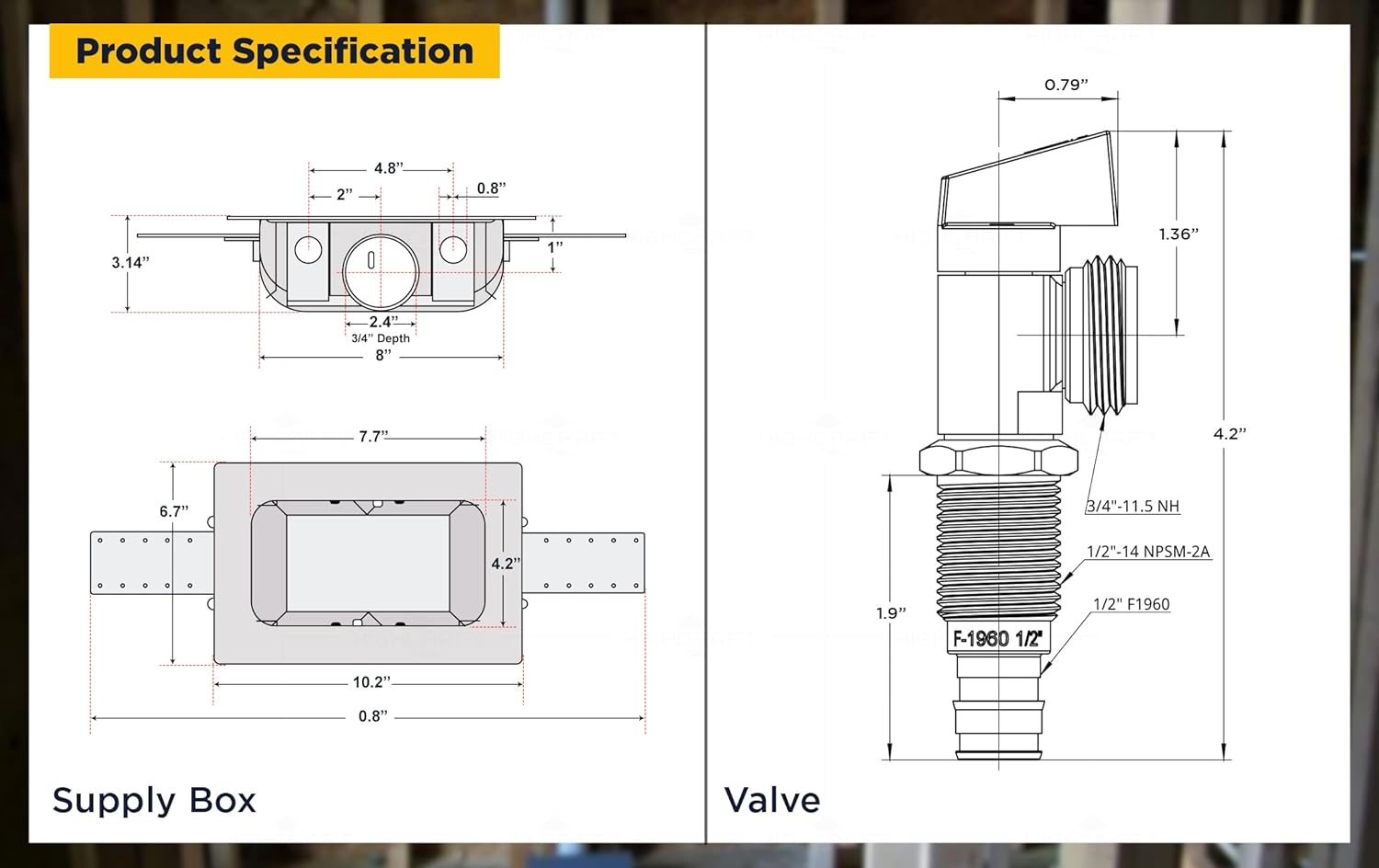 Highcraft Washing Machine Outlet Box with Center Drain, 1/2" PEX Expansion Connection Valve Laundry Washer Box