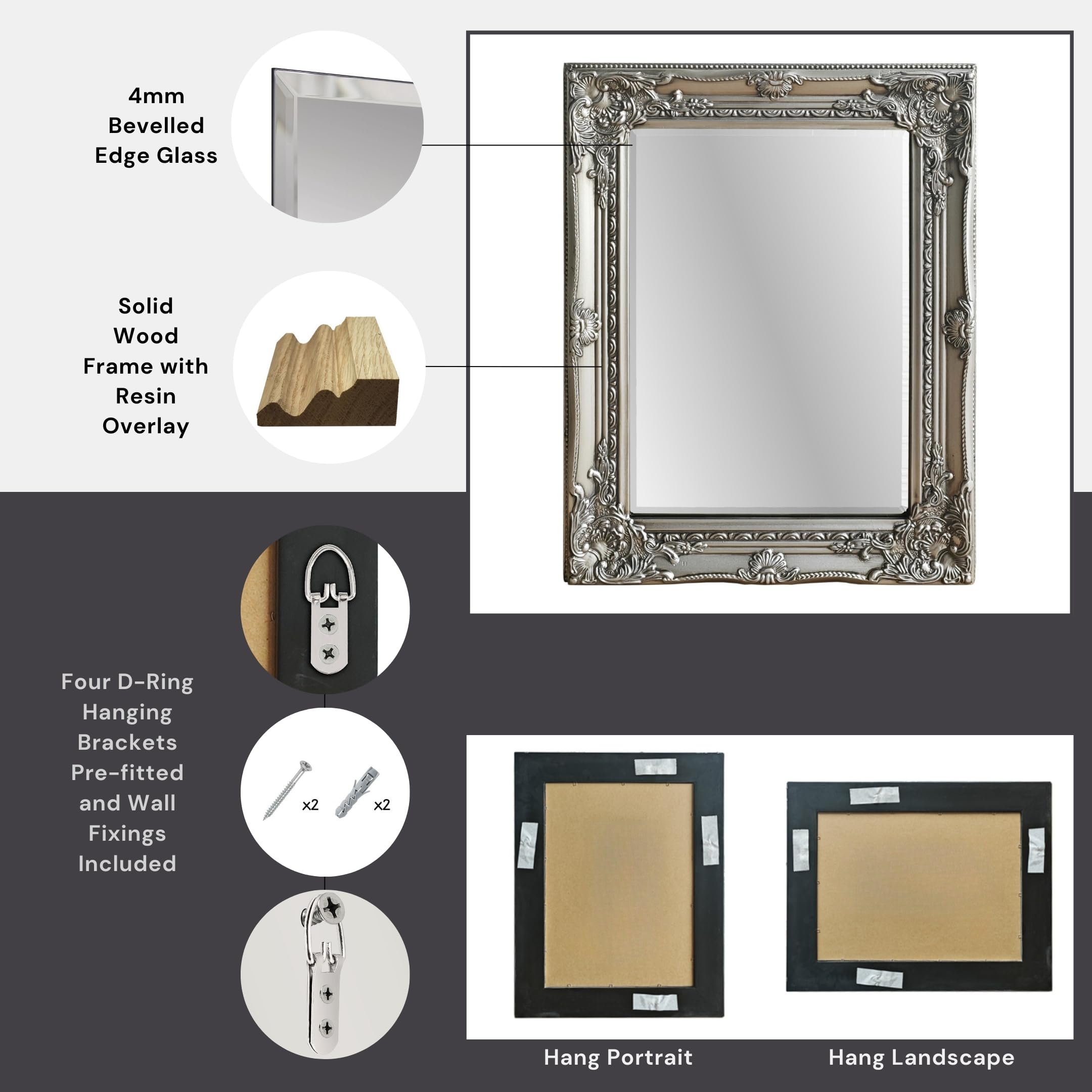 Piccolo specchio da parete rettangolare decorato antico 42 cm x 53 cm (argento)