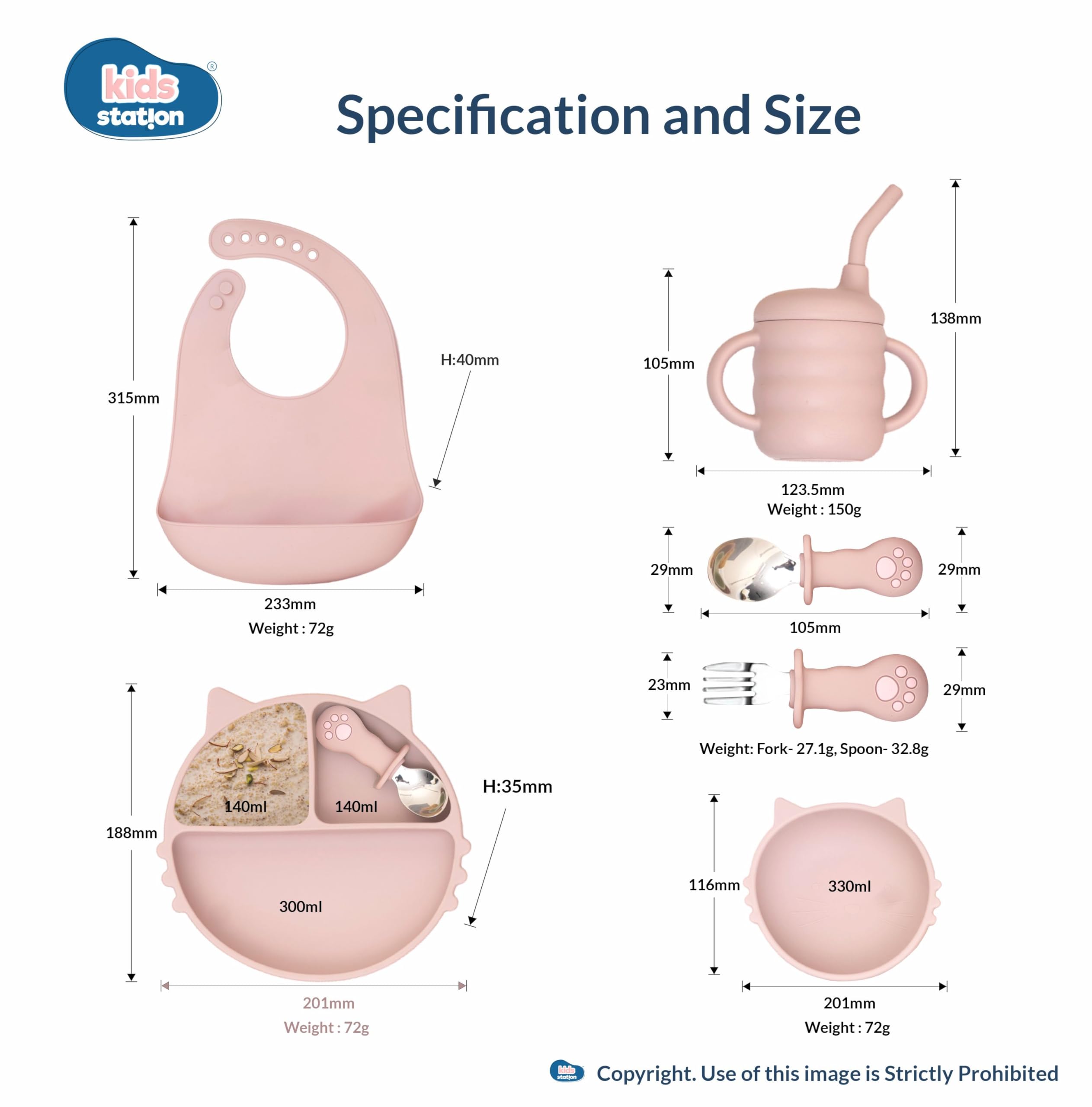 Kids Station 6 Piece BPA-Free Cat Shaped Silicone Baby Feeding Set - Baby Bib - Plate - Fork - Sipper - Spoon and Bowl - Microwave Safe - Unbreakable Eco-Friendly - Organic & Natural (Pink)