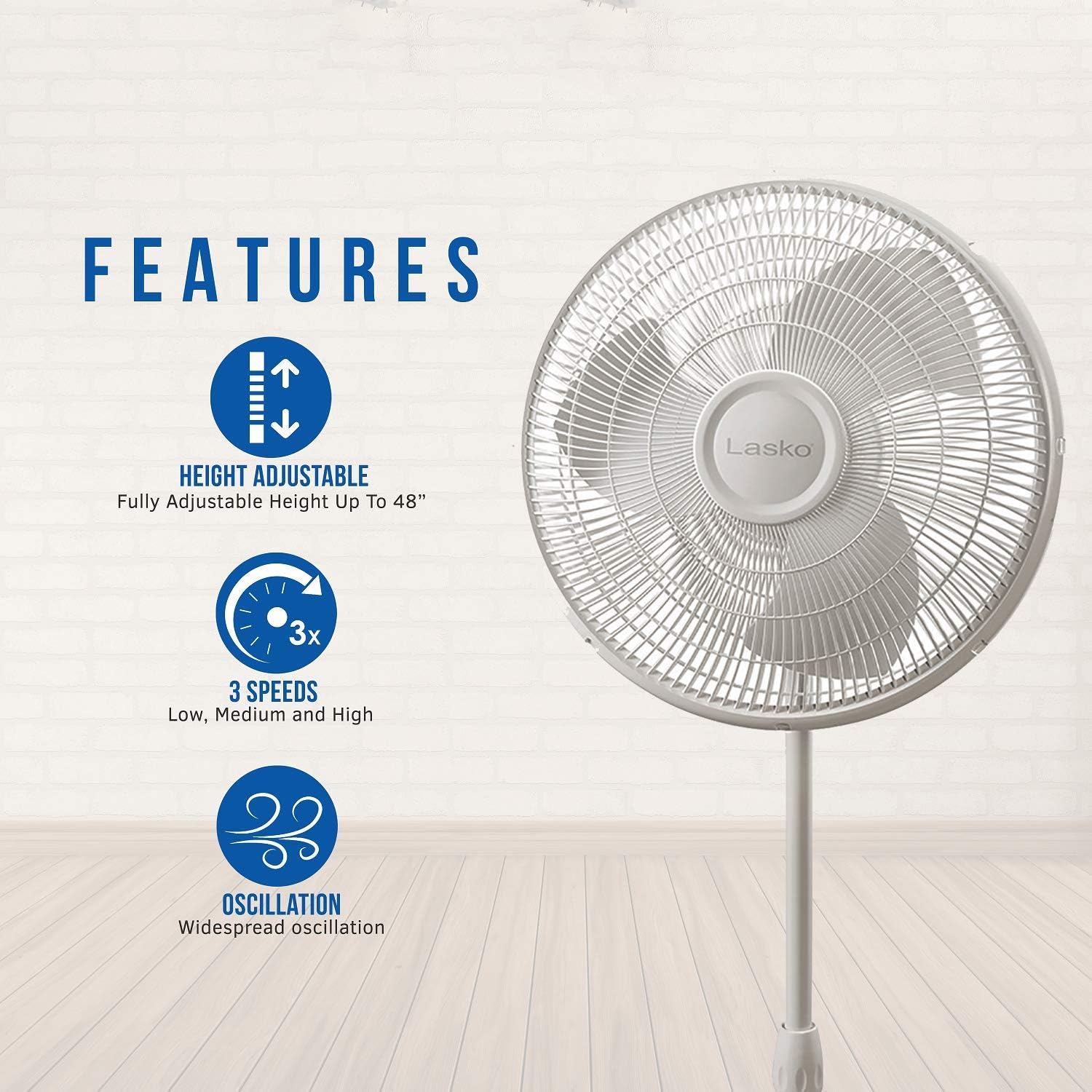 Lasko 2520 Oscillating Stand Fan,White 16 Inch & Wind Machine Air Circulator Floor Fan, 3 Speeds, Pivoting Head for Large Spaces, 20", 3300, White