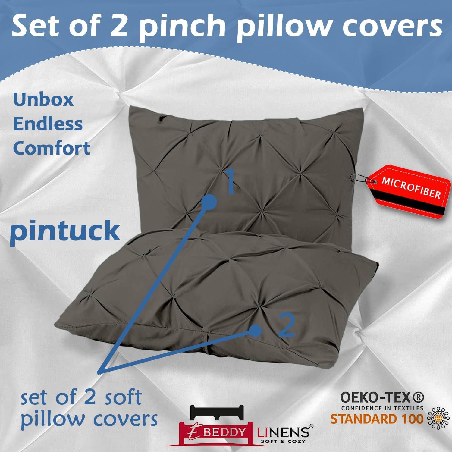 eBeddy Linens 標準ピローシャムセット ピンタック ダークグレー 100%マイクロファイバーエンベロープクロージャー 2