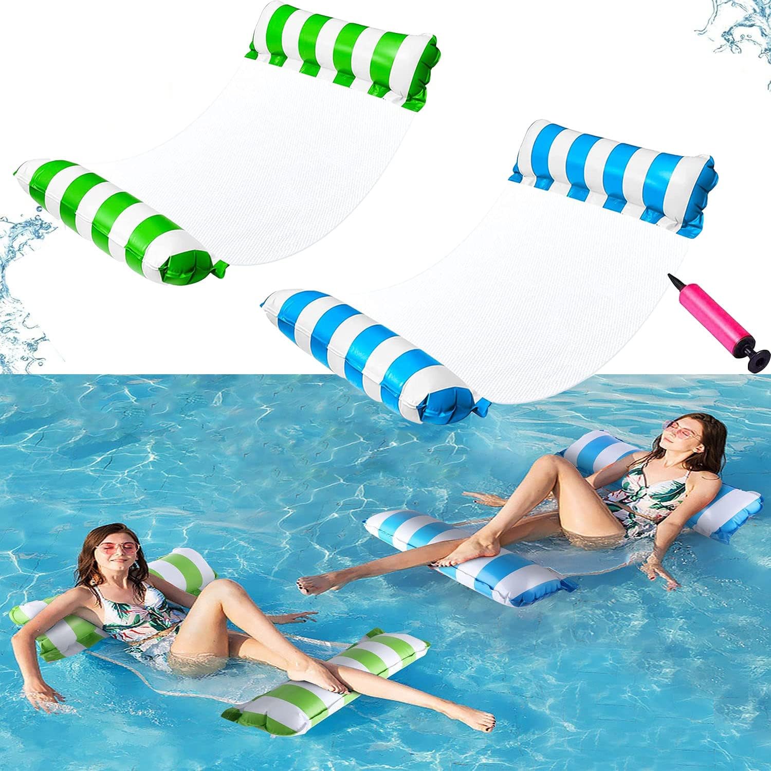 H Helteko 2 Pack Water Hammock Inflatable Pool Floats Hammock 4-in-1 Multi-Purpose Saddle Lounge Chair Hammock Drifter with Air Pump Floating Chair Bed for Adults Kids Pool Lake Beach Pool，Blue+Green