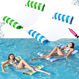H Helteko 2 Pack Water Hammock Inflatable Pool Floats Hammock 4-in-1 Multi-Purpose Saddle Lounge Chair Hammock Drifter with Air Pump Floating Chair Bed for Adults Kids Pool Lake Beach Pool，Blue+Green