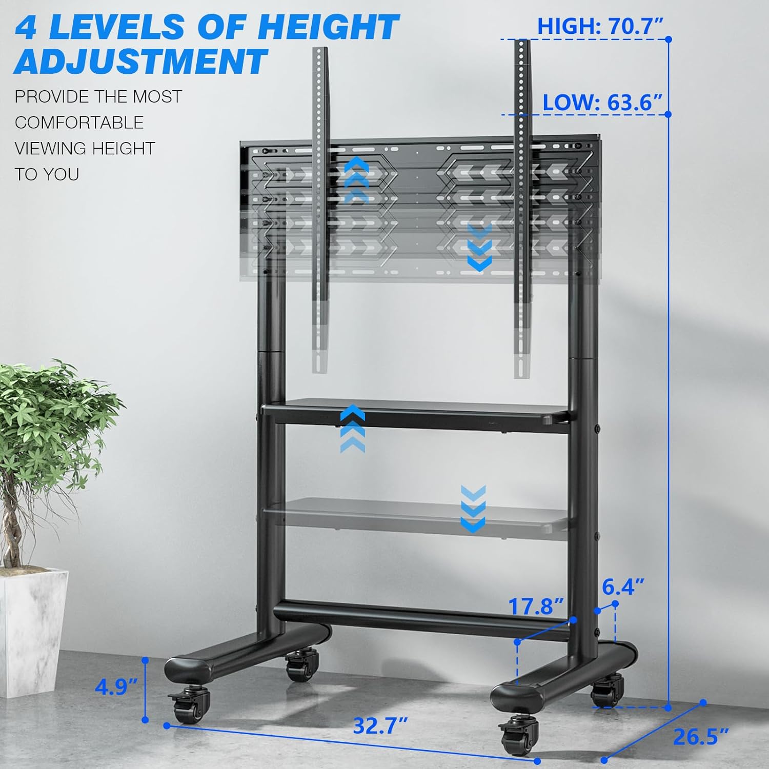 Diagram illustrating the four levels of height adjustment for the TV stand
