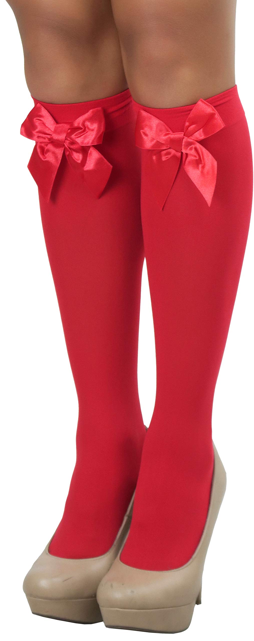 ToBeInStyle Women’s Opaque Knee High Nylon Fashion Socks Solid &amp; w/Front Satin Bow