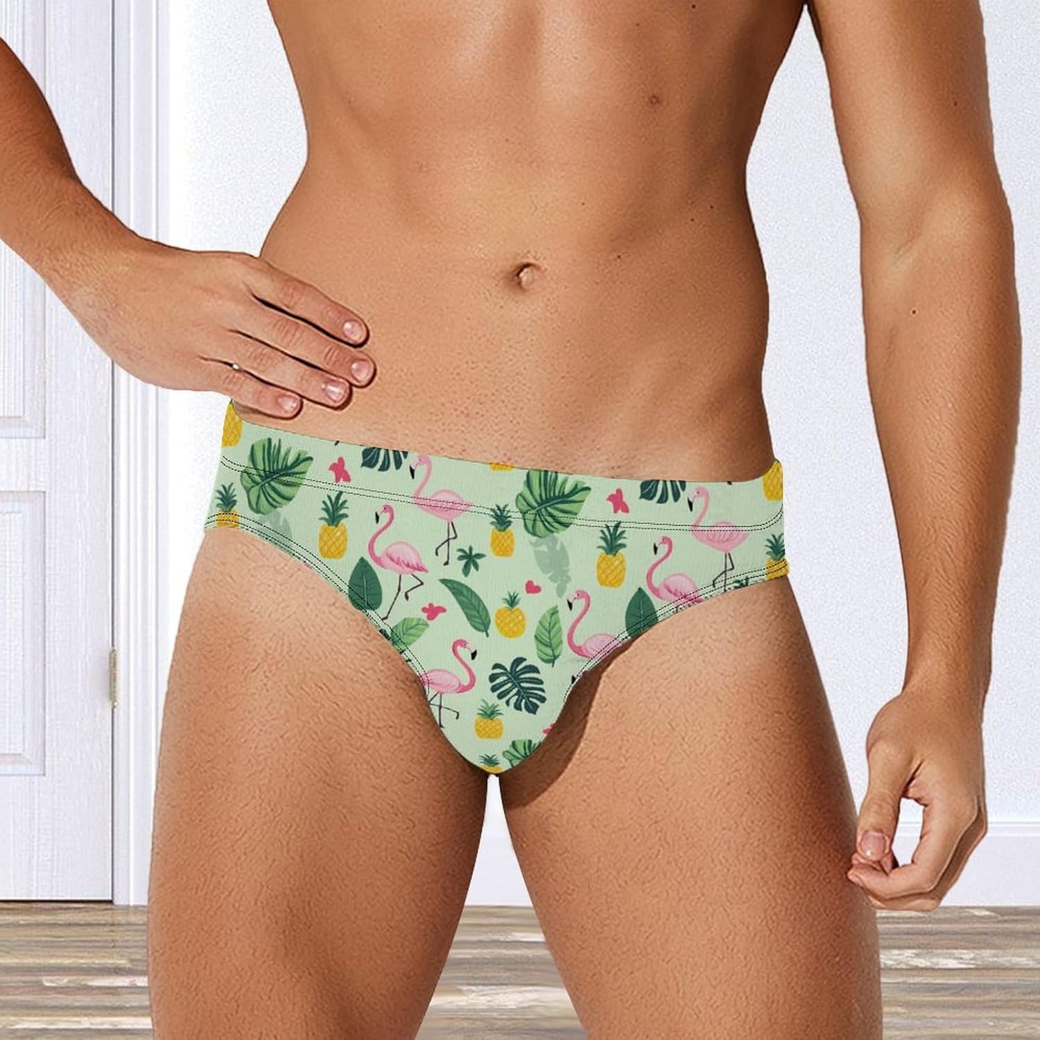 Flamingo Men's Swimsuit Brief Sexy Bikini Briefs Retro Printed Swimwear Quick Dry Swimming Trunks 3X-Large