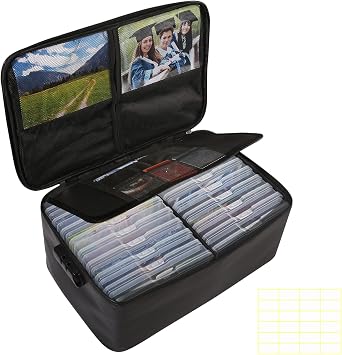 Fireproof Photo Storage Box with 18 Inner 5" x 7" Photo Case, Extra Large Photo Storage Containers with Lock, Collapsible Portable Photo Organizer with Handle for Photos, Picture