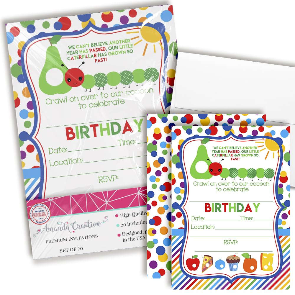 Happy Hungry Caterpillar Themed Birthday Party Invitations, 20 5x7 Fill In Cards with Twenty White Envelopes by AmandaCreation