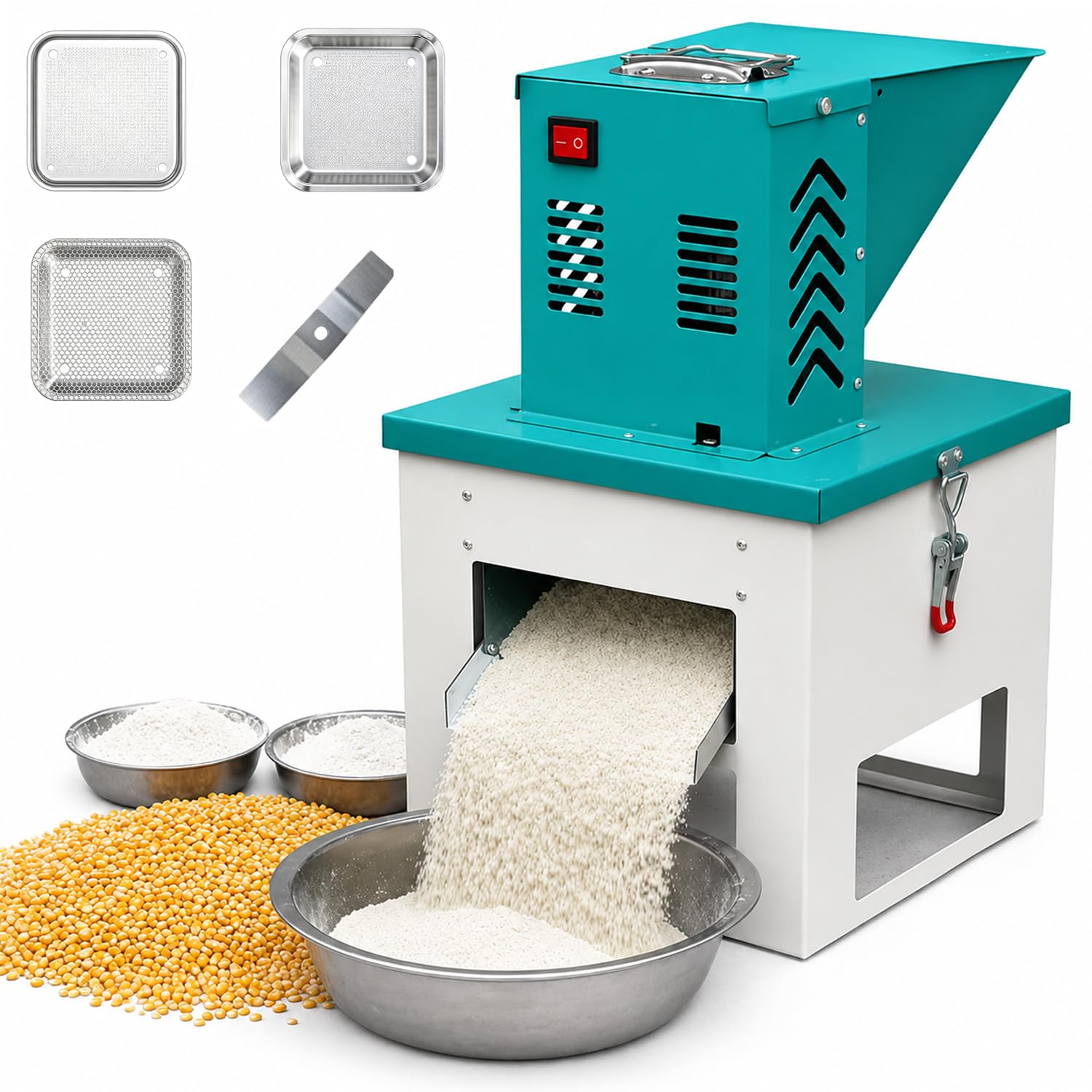 Macchina per Polveri Commerciale, Mulino Elettrico per Cereali da 1000 W/1200 W/1500 W, 3 Setacci Sostituibili, Maglia Grossa/Media/fine, con Spessore Regolabile, per Riso, Mais, 1000W