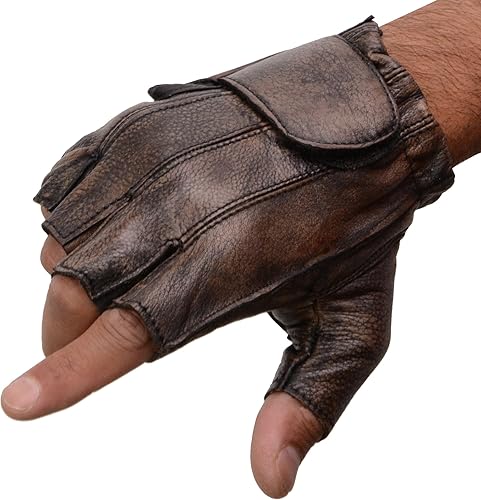 Milwaukee Leather MG7561 - Guantes de mano de motocicleta para hombre, color marrón, de cuero, acolchados, sin dedos, hechos con piel desnuda