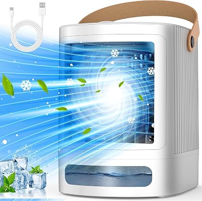 FANCOLE Climatiseur portable, petit climatiseur 3 en 1 avec humidification à 3 niveaux et 3 vitesses, veilleuses 7 couleurs, réservoir de remplissage supérieur pour 8 h de refroidissement, mini