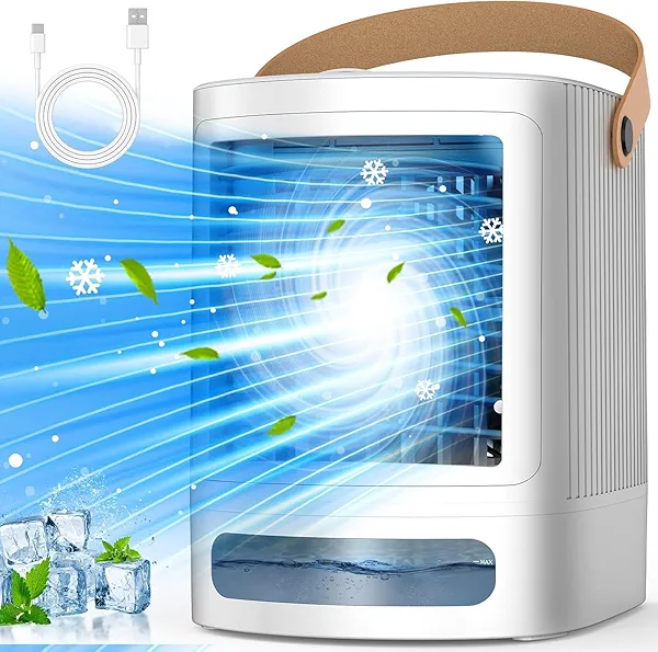 FANCOLE Mini Air Conditioner, 3-IN-1 Small Air Conditioner w/ 3-Level Humidify & 3 Speeds, 7-Color Night Lights, Top Fill Tank for 8H Cooling, Desk Portable Air Conditioners for Bedroom Room Office