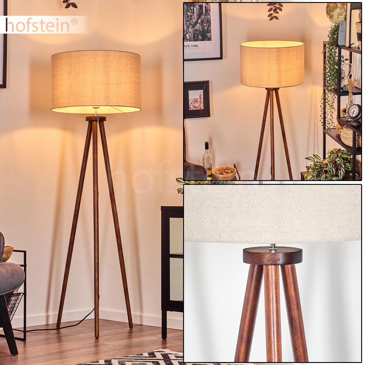 Stehleuchte Flemming, Stehlampe aus Holz/Stoff in Dunkelbraun/Beige/Weiß, Leuchte im skandinavischen Design mit rundem Schirm (Ø 50 cm) u. Fußschalter, Höhe 155 cm, 1 x E27, ohne Leuchtmittel