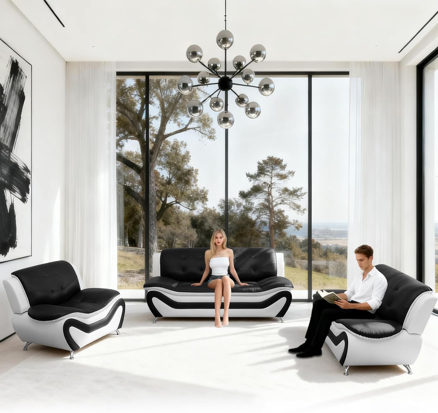 3PCS Sofa Set for Living Room, Modern Leather Couch with Chair, Loveseat & Sofa, 3 Pieces Living Room Furniture (Set, Black&White Leather)