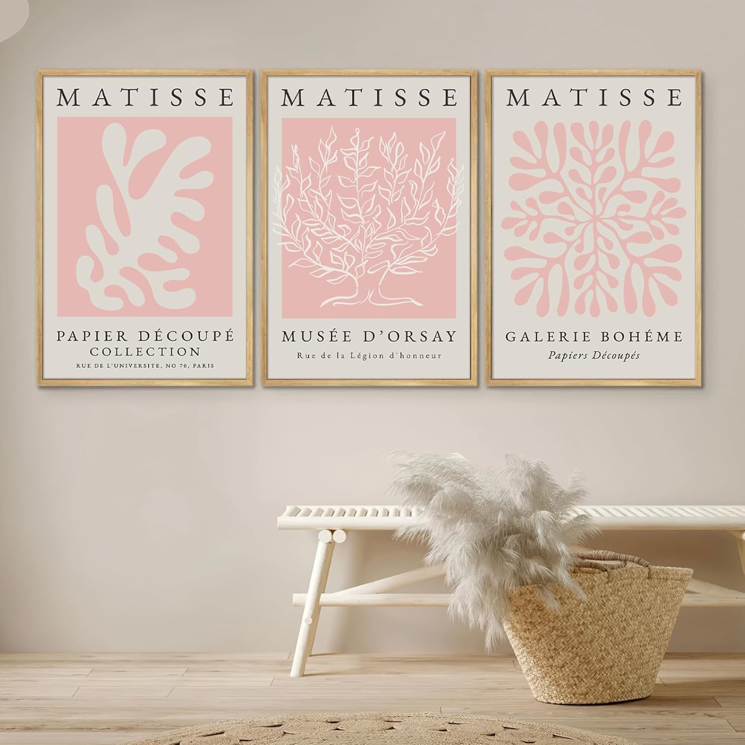 Pink Matisse Wall Art Set of 3, Abstract Matisse Wall Decor, Light Pink Canvas Painting Prints Minimalist Modern Aesthetic Posters Pictures for Living Room Bedroom Bathroom16x24 in Framed