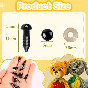 UPINS 600pcs 6mm Black Safety Eyes with Washers for Amigurumi Crochet Dolls | 6mm Plastic Craft Eyes with Washers, Amigurumi Doll, Stuffed Animal, DIY Crafts Making Supplies