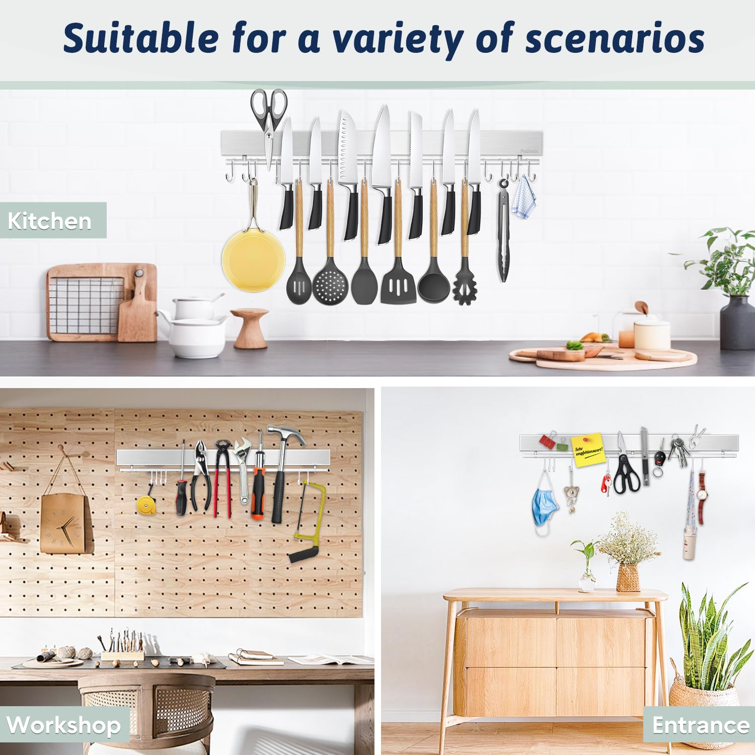 Magnetischer Messerhalter für die Wand, Edelstahl, Magnet-Messerleiste, ohne Bohren, mit 15 Haken/Klebeband/Schrauben, Küchenutensilienhalter, magnetischer Messer-Organizer, Wandmontage,