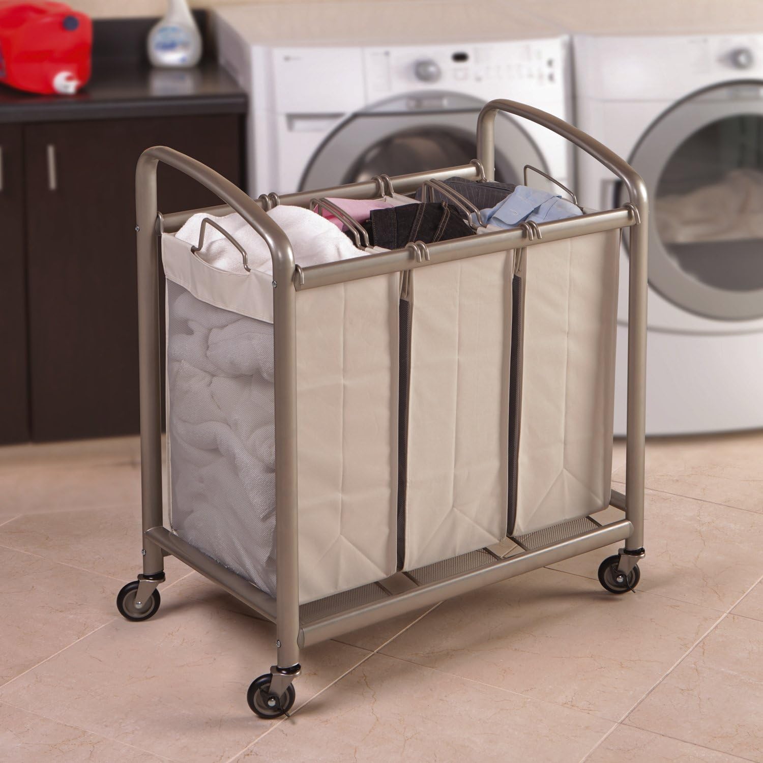 Seville Classics Deluxe Mobile 3 Heavy-Duty Laundry Hamper Sorter Bag Cart, Champagne