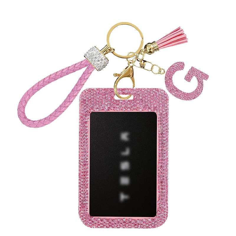 Porta-cartão para chave Tesla com chaveiro, strass e fecho dourado, compatível com Model 3, Model Y, Model S, Model X, Cybertruck e Rivian, G-pink