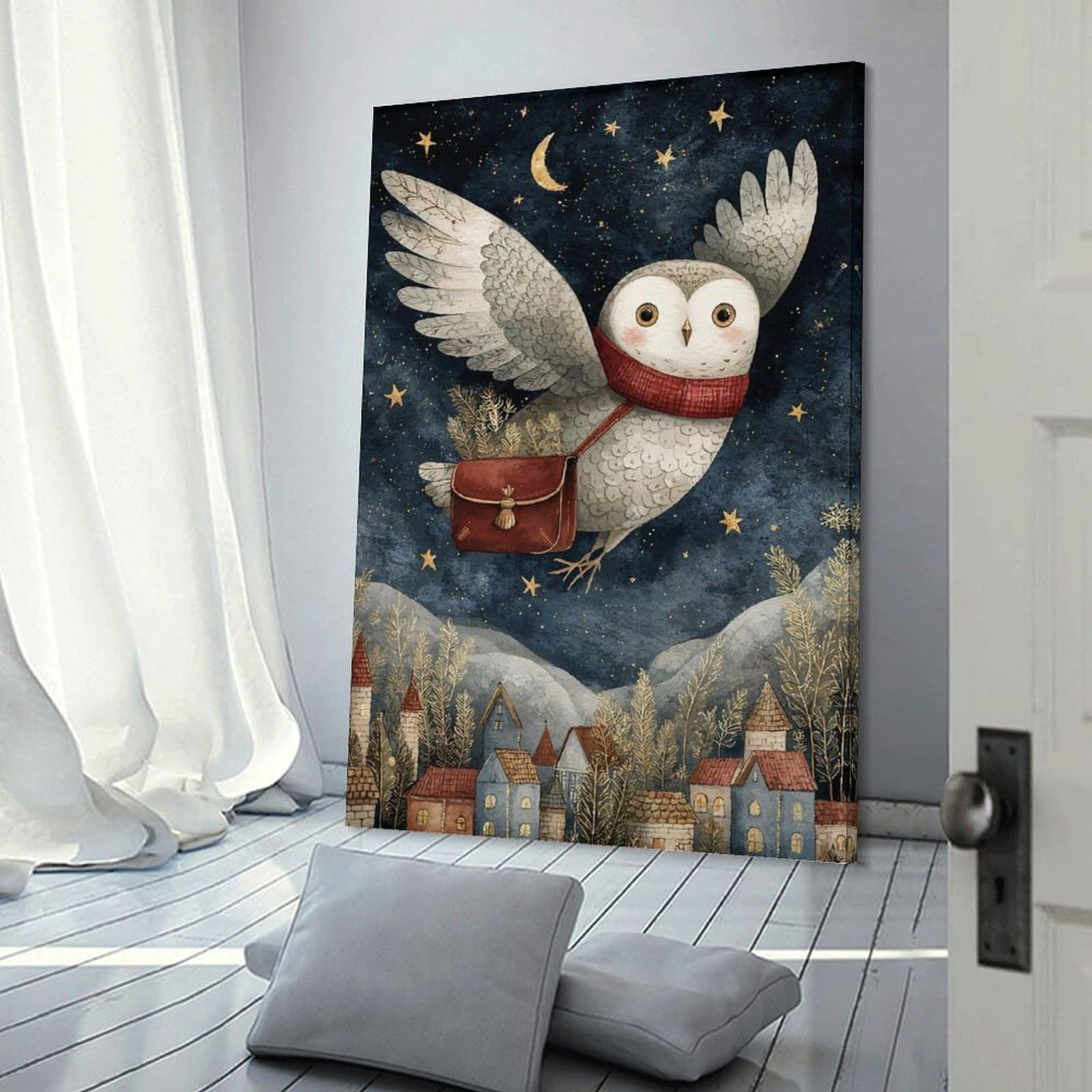Junmoney Frame-Style-4 Winter Owl Delivery Wall Decor Canvas Print, 24X36inch(60X90cm), For Lounge, Bedroom Or Personal Spaces, Thoughtful Wall Decor For Art Lovers