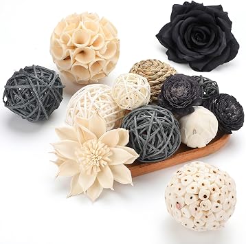 LGFMGWH 14Pcs Black White Halloween Decorative Balls for Potpourri Bowl Filler, Bowl Filler for Table Centerpiece, Woven Rattan Wicker Balls, Rattan Wicker Orbs Fillers for Vase Jar Dough Bowl