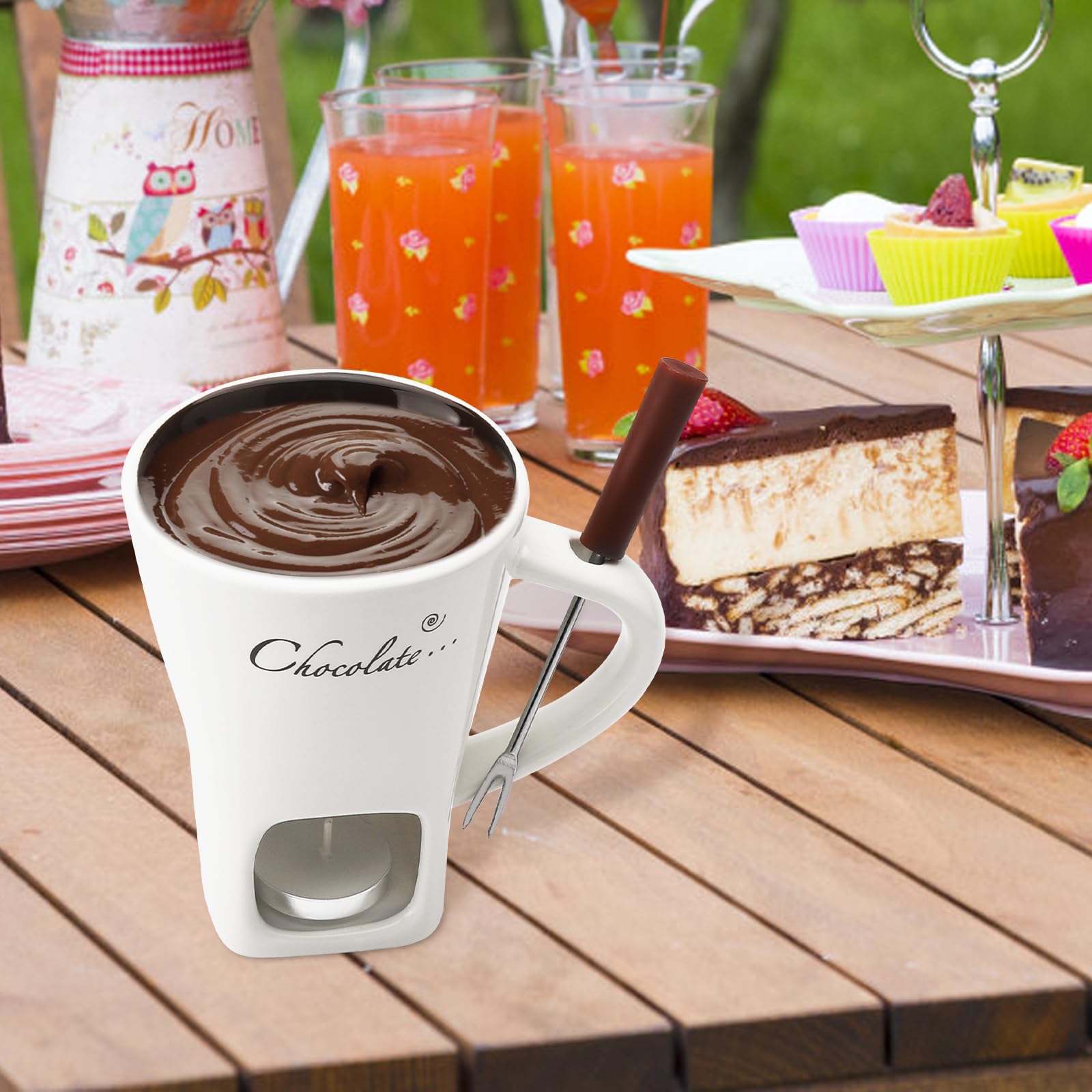 Filiżanka do fondue czekoladowego z widelcami, 200 ml, ceramiczny zestaw do czekoladowego fondue, kubek do topienia czekolady, zestaw do fondue z widelcem i podgrzewaczem, do sera, czekolady, masła