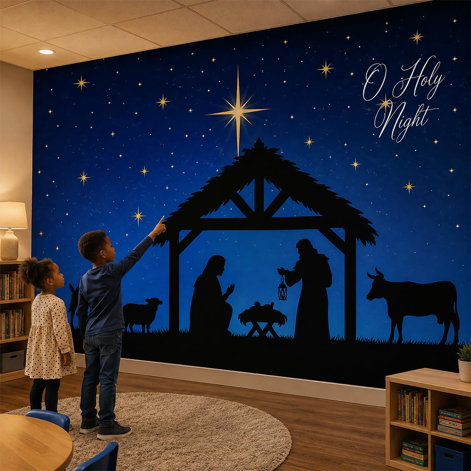 Breling Lot de 4 grandes feuilles d'autocollants muraux en PVC pour crèche de Noël Noir