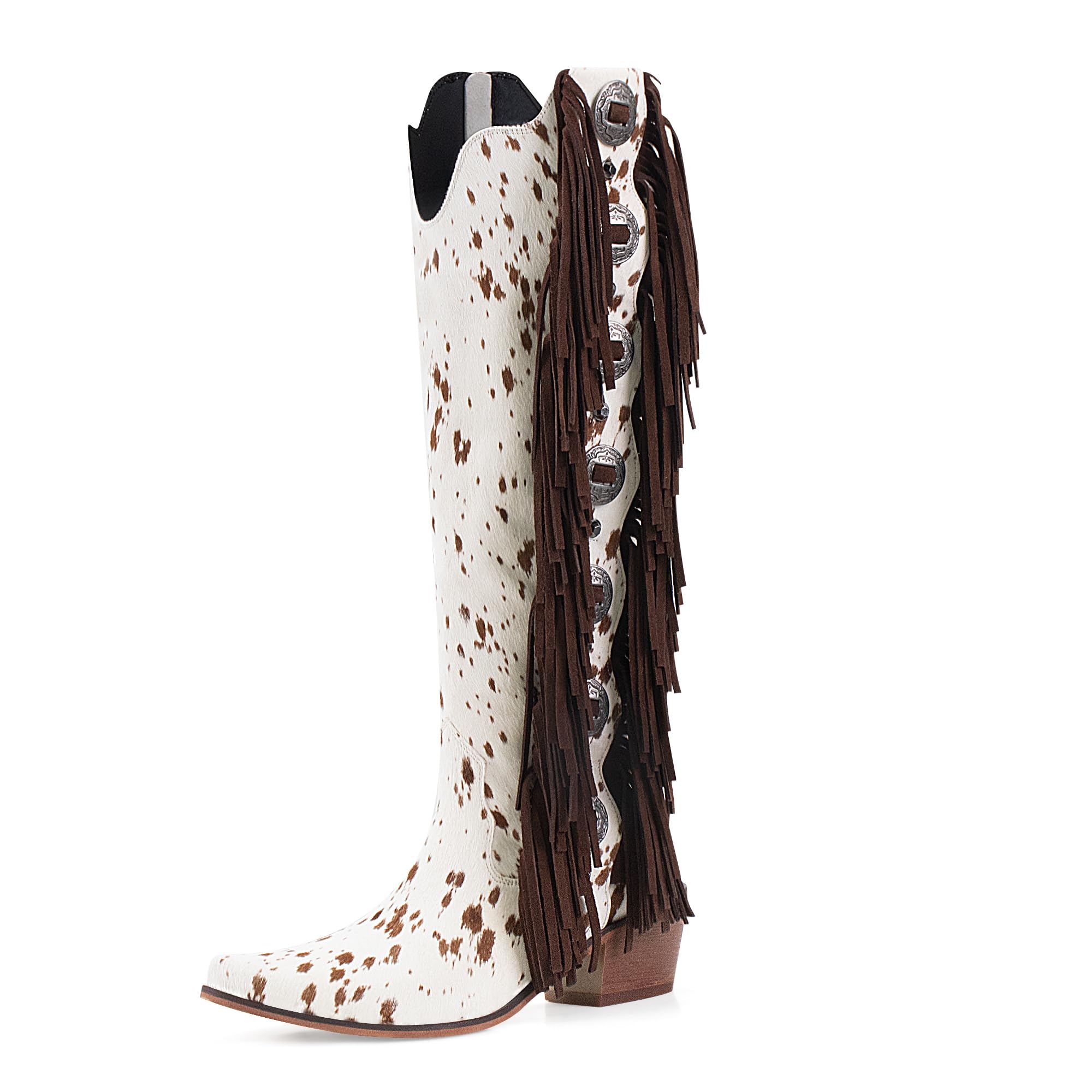 Cow Print Western Boots for Women Fringe Tall Cowboy Boots All Season Mid Heel Country Style Riding Boots