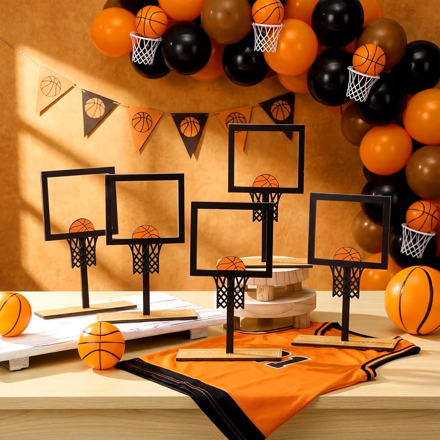 6 Pcs Basketball Hoop Table Centerpieces Sports Party Decorations 4 x 3.5 Inch Wooden Photo Frame for Table Centerpieces with Base for Fans Club Birthday Supplies