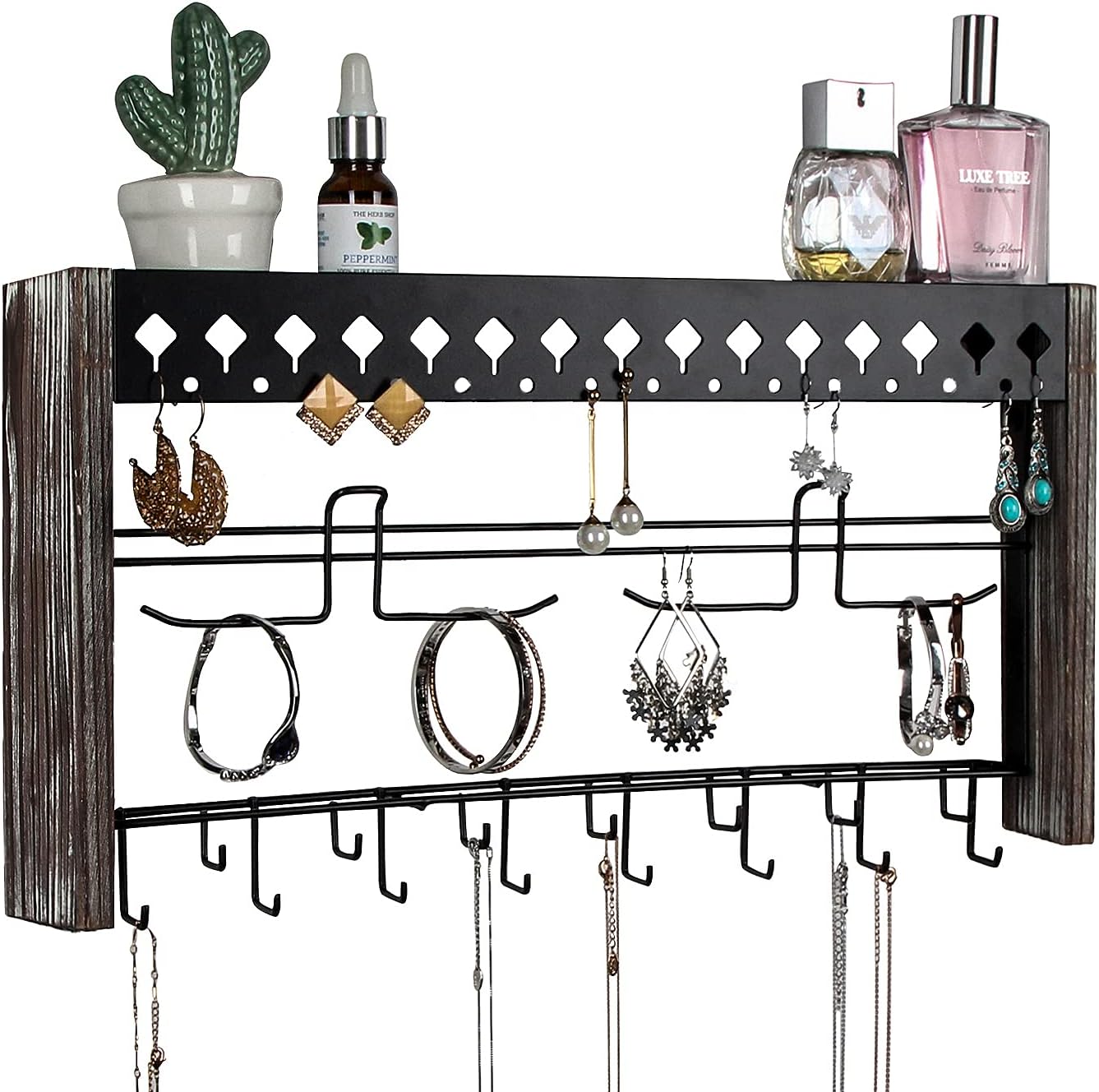 J JACKCUBE DESIGN JackCubeDesign Rustic Wood Wall Mount Jewelry Organizer with Metal Hooks for Necklaces Ring