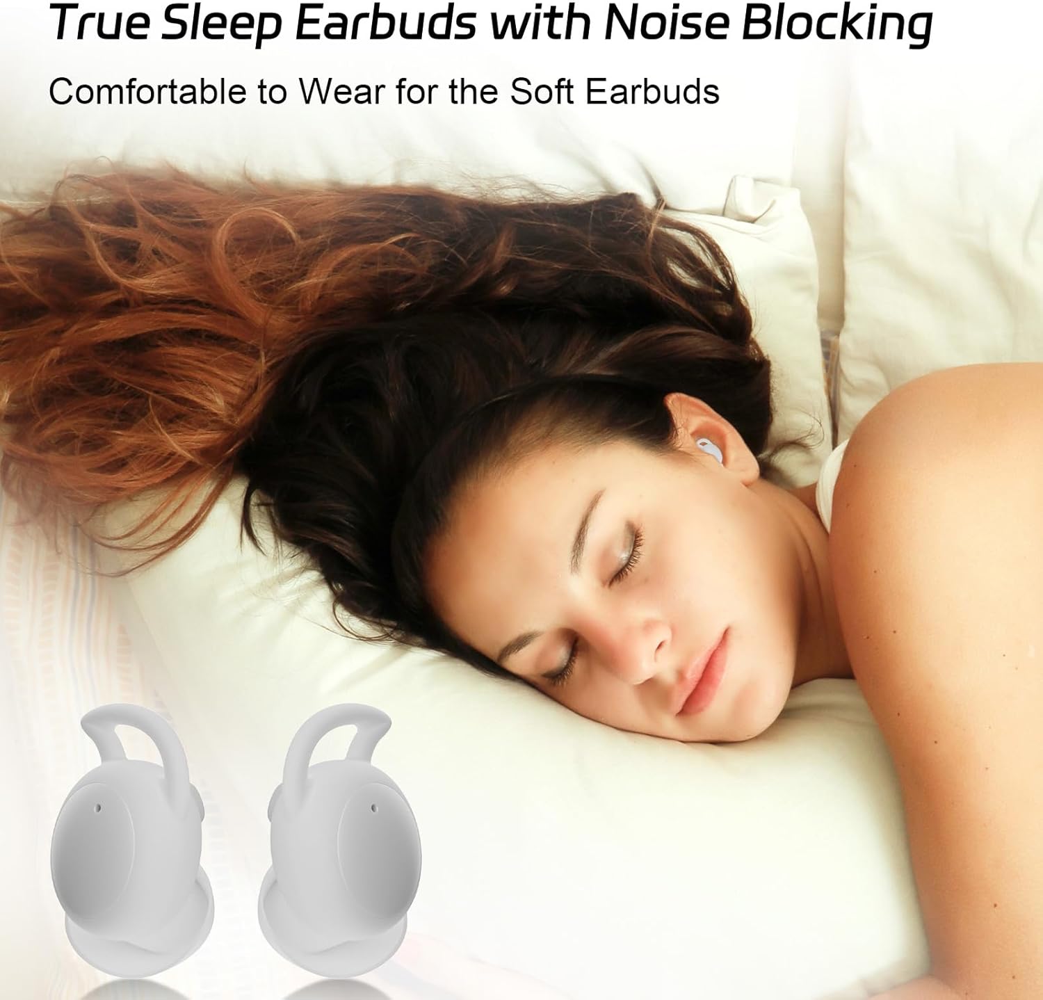 Person sleeping comfortably with esonstyle earbuds, emphasizing noise blocking