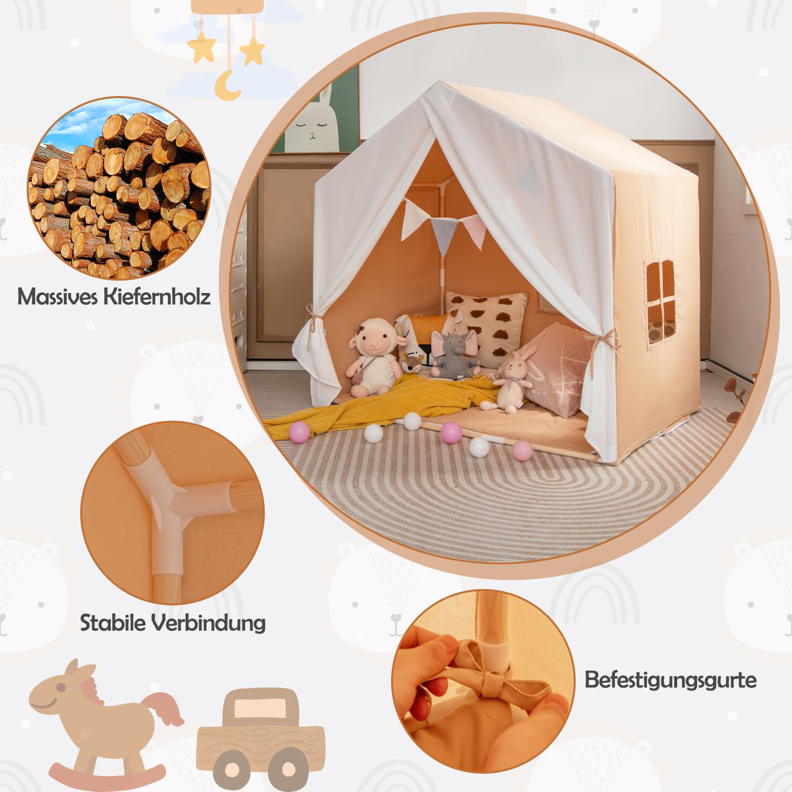 DREAMADE Kinderzelt für drinnen mit Matte und Girlande, Kinder Spielhaus Indoor mit Fenstern & Vorhang, Tipi Zelt, Kinder Spielzelt mit Massivholzrahmen für Jungen und Mädchen (Hellbraun + Weiß)