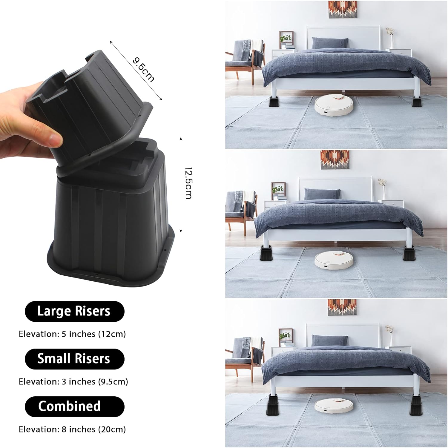 Bed Risers 8 Inch, Elevation in Height 3, 5, 8 inch, Stackable Bed Frame Risers, Heavy Duty Support Up to 8000 lbs Furniture Risers 12 Pack for Table, Couch, Desk, Chair