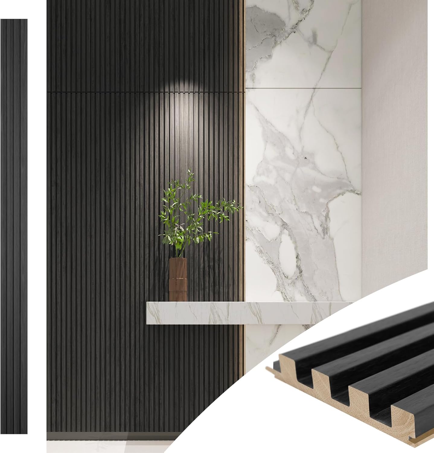 Art3d Slat Wood Wall Paneling for Interior and Ceiling Decoration - Pack of 4pcs + 1pc End-Trim, Size 108 x 5.7in.- Black