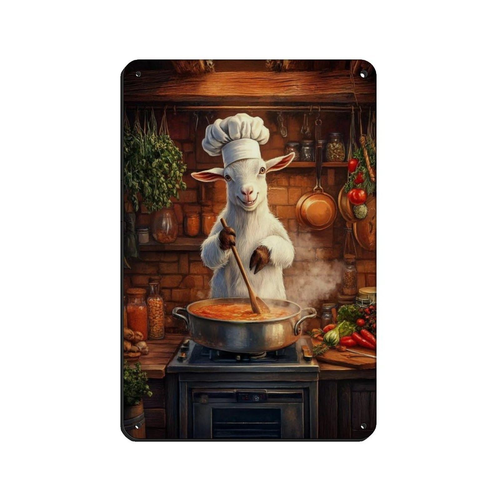 Lxwnze 20L X 30W Cm Cute Goat Chef Cooking Kitchen Tin Sign Vintage Metal Pub Club Cafe Bar Home Wall Art Decoration Poster Retro 8X12inch(20X30cm)