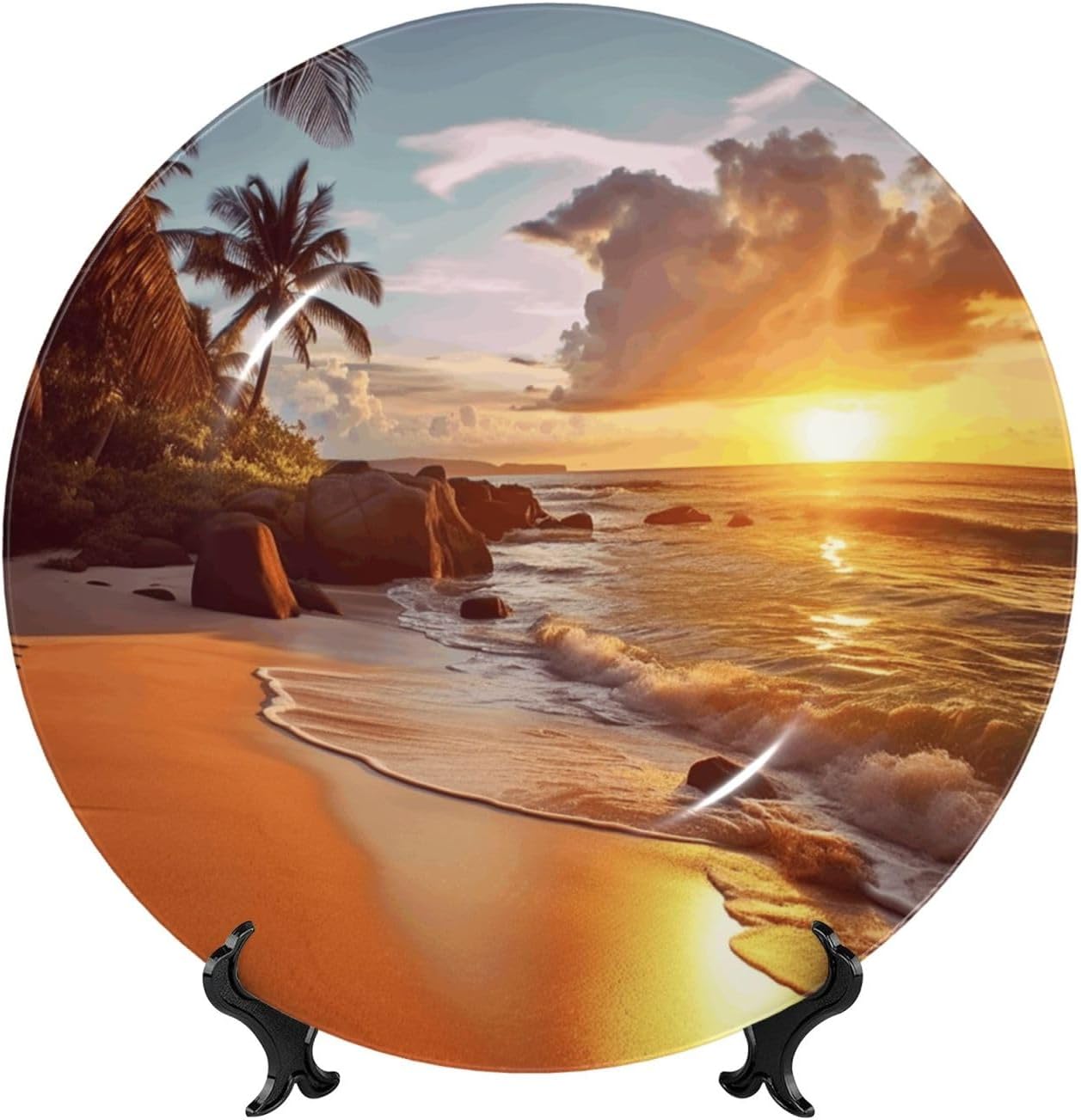 夕暮れのトロピカルビーチボーンチャイナ装飾プレート 絵付き パーソナライズ磁器ディナープレート ディスプレイスタンド付き セラミック