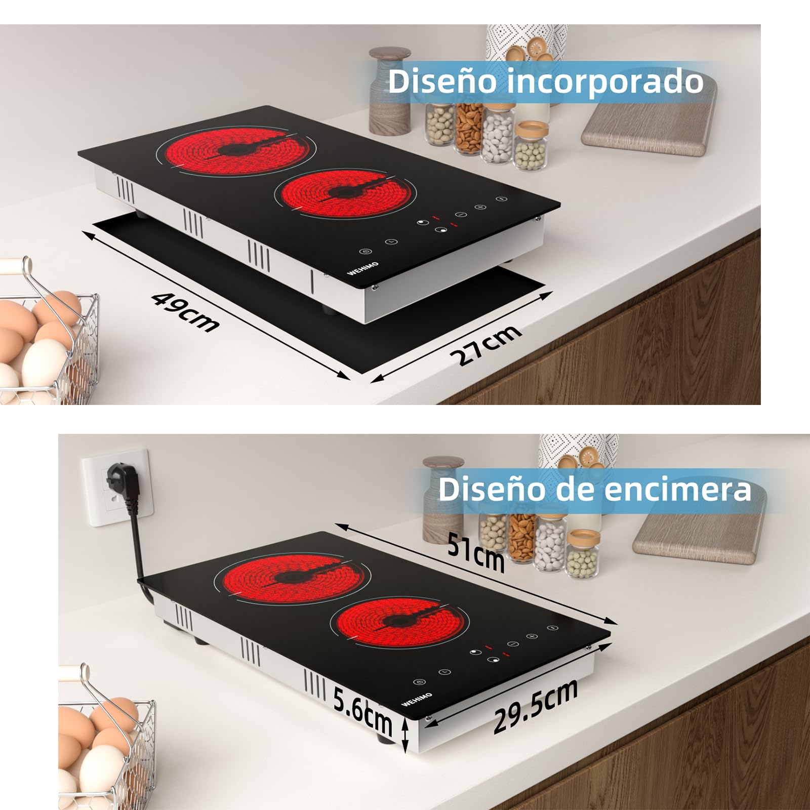 Placa Vitrocerámica 2 Fuegos Potencia 3000W Bloqueo Infantil,9 niveles de Potencia,Control Táctil,Indicador de Calor,Temporizador