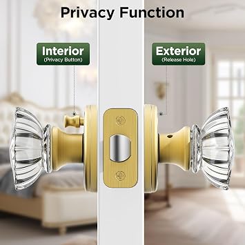 3 Pack Crystal Door Knob, Rosette Shaped Glass Door Knobs Interior with Lock, Satin Brass Door Knobs Interior Glass