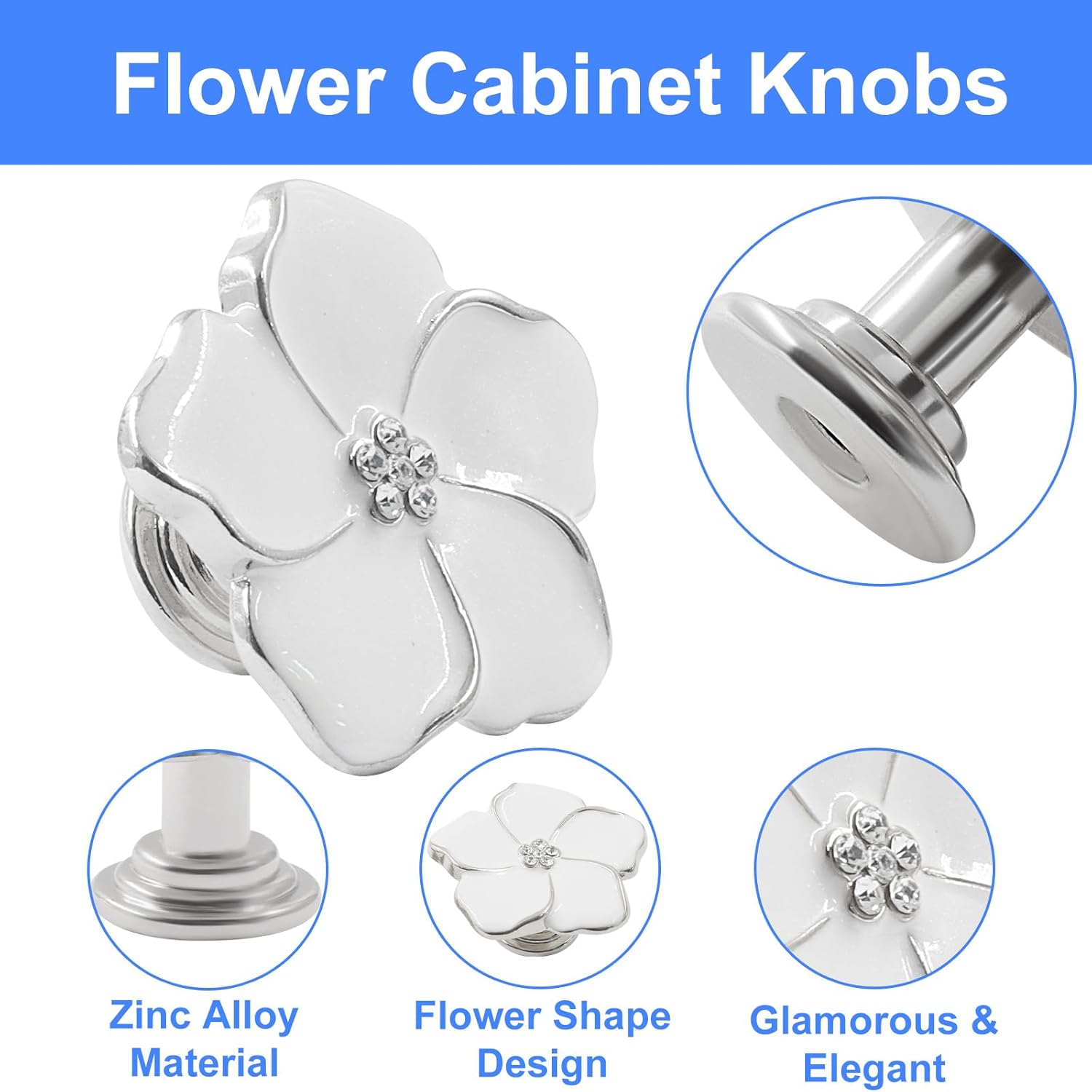 Piutouyar Silver Petal Cabinet Knobs, Flower Shape Drawer Knobs with Diamond Core, Zinc Alloy Floral Knob Decorative Pulls Handles for Kitchen, Dresser, Closet, Wardrobe, Cabinet Handles