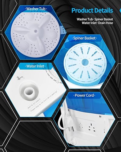 Miniatura 6 de Muhub Mini lavadora azul compacta con control de temporizador, ideal para dormitorios y apartamentos, capacidad de 7.7 libras con cesta giratoria
